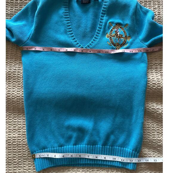 Vintage Ralph Lauren Sport Sweater V Neck Blue Crest Logo Cotton Knit Pullover - Picture 5 of 6